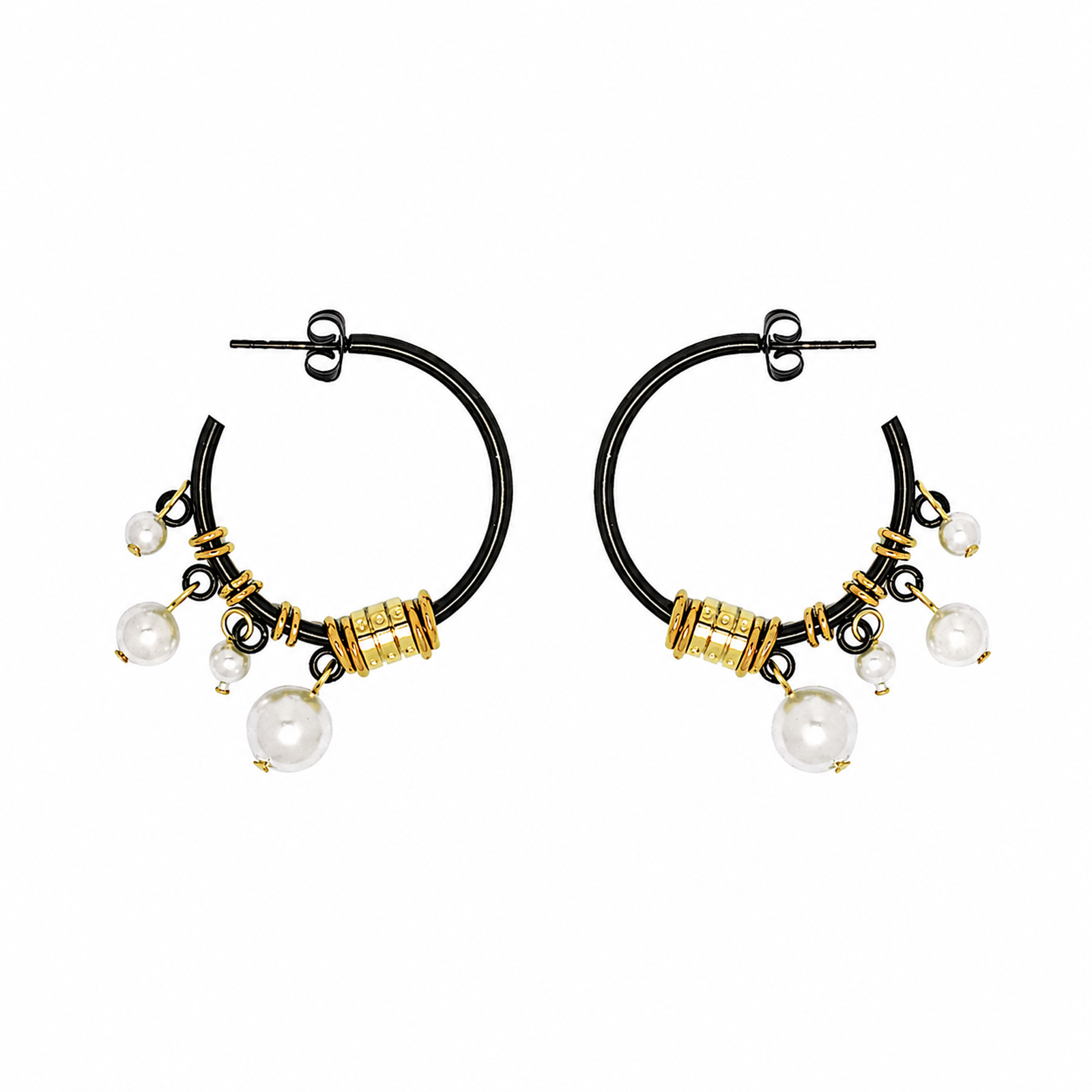 Kirei Density — Black Hoop Earrings with Shell Pearls